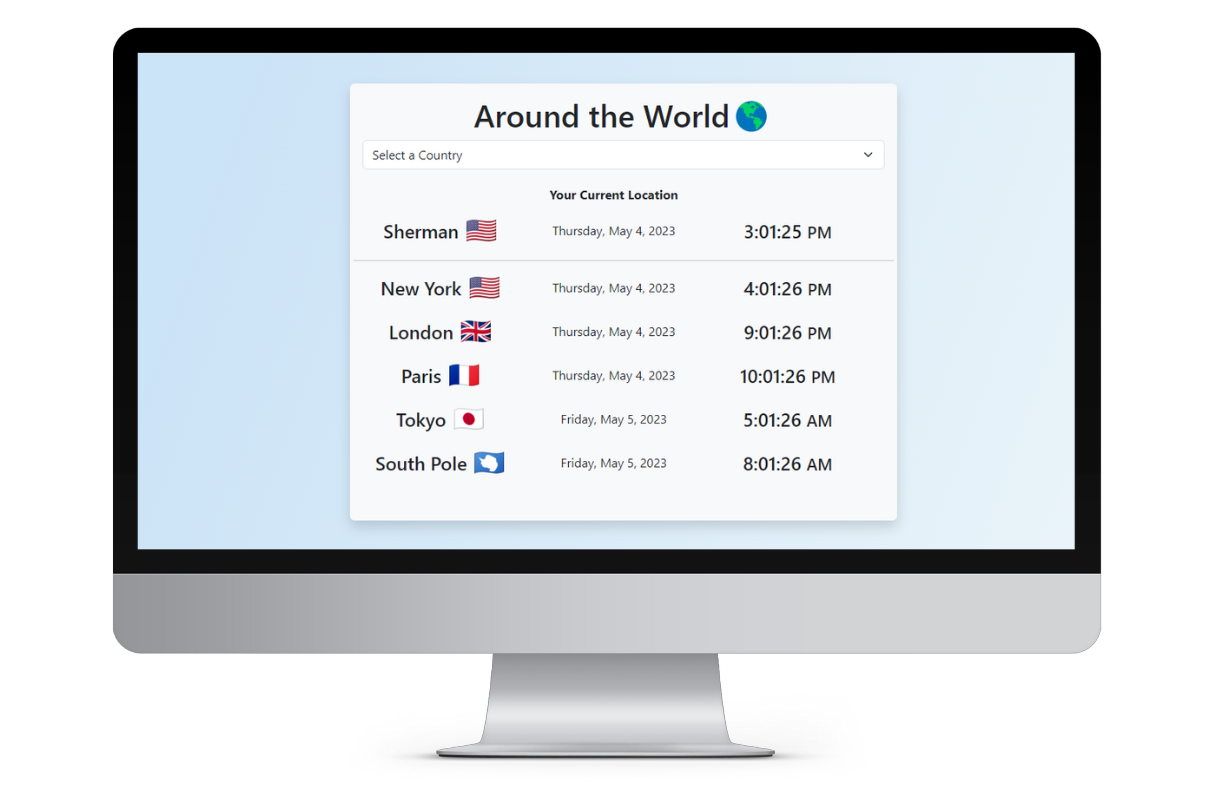 Vanilla Javascript Moment.js World Clock App