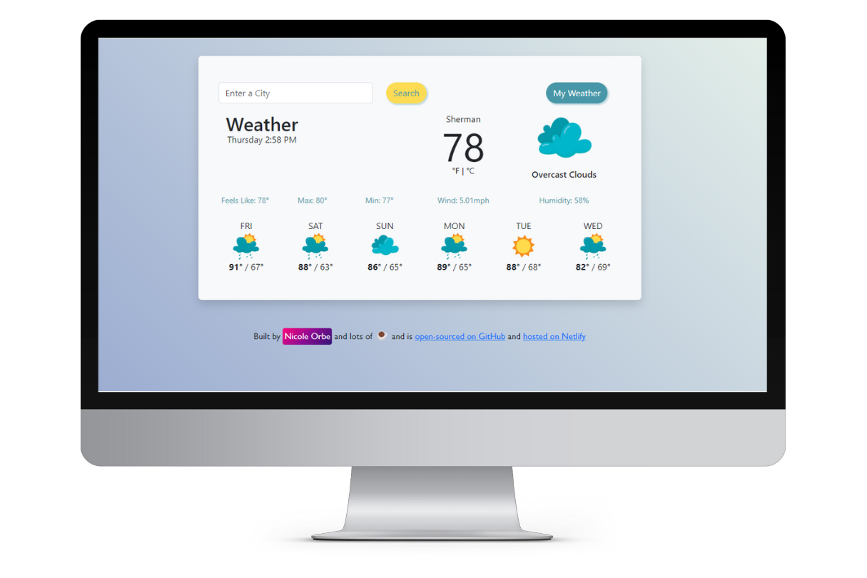 Nicole Orbe | Front End Developer | Vanilla Javascript Weather App
